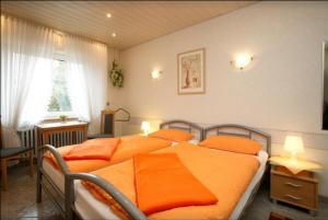 sypialnia z 2 łóżkami z pomarańczową pościelą i oknem w obiekcie Pension Waldau w mieście Kassel