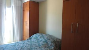 1 dormitorio con 1 cama y armario de madera en Prainha Lindo Apto com 02 quartos e 02 vagas de garagem, en Arraial do Cabo