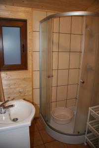 a bathroom with a shower and a sink at Domki Rybka in Sarbinowo +38 photos