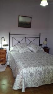 1 dormitorio con 1 cama, 2 lámparas y 2 mesas en Casa Rural La Breña, en Talaván