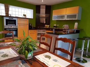 cocina con paredes verdes, mesa de madera y sillas en Gîte du Toilier, en Thillot-sous-les-Côtes