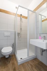 a white toilet sitting next to a bath tub in a bathroom at Hotel Internazionale Luino in Luino