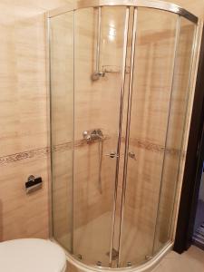 a shower stall with a toilet in a bathroom at Family Aparthotel Vintegra in Burgas +46 photos