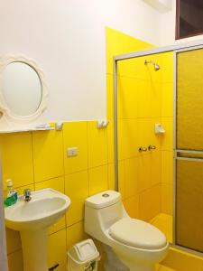 a bathroom with a toilet and a sink and a mirror at El Mirador in Tarapoto