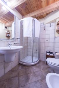 bagno con doccia, lavandino e servizi igienici di Hotel Maison Saint Jean a Courmayeur