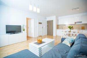 a living room with a blue couch and a kitchen at Baltic in Pogorzelica