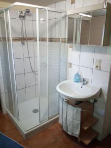 y baño con ducha y lavamanos. en Ferienwohnung Linde - Marburg Biedenkopf mit 5 Zimmer und Balkon, en Frechenhausen