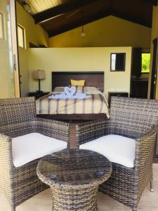 a bedroom with a bed and wicker chairs and a table at Arenal Roca Suites in Fortuna