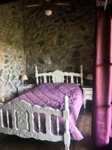 1 dormitorio con cama morada en una pared de piedra en San Francisco De Las Sierras en Minas