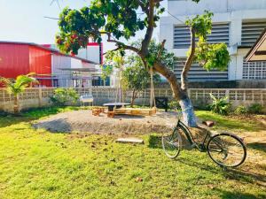Una bicicleta estacionada junto a un árbol en un patio en Winter House Chiang Rai, en Chiang Rai