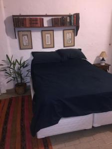 ティグレにあるAparts del Jardinのベッドルーム1室(黒いシーツと本が壁に掛けられたベッド1台付)