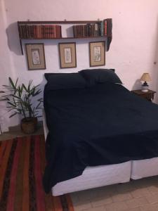 1 dormitorio con 1 cama con sábanas negras y libros en la pared en Aparts del Jardin en Tigre