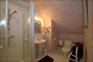 a bathroom with a sink and a toilet and a shower at Chambres d'Hôtes Le Moulin du Pont in Saint-Bonnet-de-Salers +34 photos