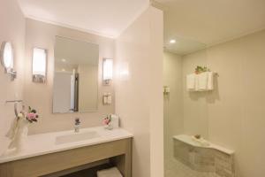 a bathroom with a sink and a mirror and a shower at Bougainvillea Barbados in Christ Church