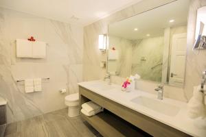 a bathroom with a sink and a toilet and a mirror at Bougainvillea Barbados in Christ Church