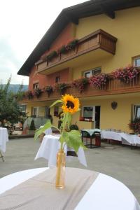 wazon ze słonecznikiem siedzącym na stole w obiekcie Café-Pension Margret w mieście Zirl