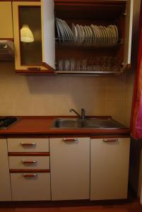 a kitchen with a sink and a shelf with dishes at Vila Amira Predeal in Predeal