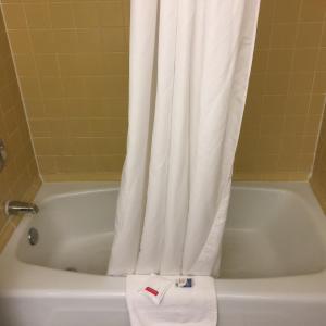 ein Badezimmer mit einer weißen Badewanne mit Duschvorhang in der Unterkunft Mystic River Hotel & Suites in Mystic