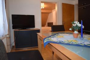 ein Wohnzimmer mit einem TV und einem Tisch mit einem sidx sidx in der Unterkunft Outlet Fewo Metzingen in Metzingen