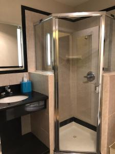 a bathroom with a shower stall and a glass door at City Center Inn and Suites in San Francisco