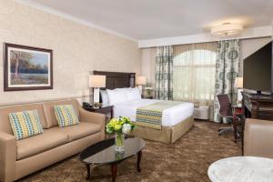 安納海姆的住宿－約巴林達/阿納海姆山艾瑞斯套房酒店，酒店客房配有床、沙发和桌子。