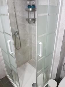 y baño con ducha y puerta de cristal. en Bonito Apto Barrio del Pilar Smart Fit en Madrid