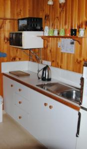 a kitchen with a sink and a microwave at The Wombat Cottage in Tullah
