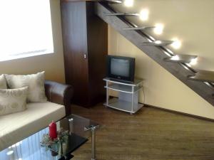 a living room with a couch and a tv at Mountain Dreams Apartment in Sapareva Banya +33 photos
