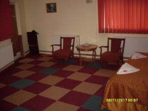 プレデアルにあるPensiunea Bors Ioanのチェックフロアの客室(椅子、テーブル付)