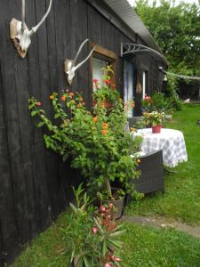 ein Haus mit einem Tisch und Blumen im Hof in der Unterkunft Ferienwohnung Prälank in Neustrelitz