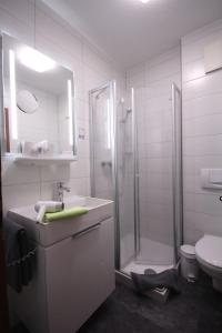 uma casa de banho com um chuveiro, um lavatório e um WC. em Hotel & Weinhaus Zum Schwarzen Bären em Koblenz