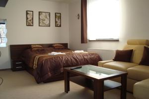um quarto com uma cama, um sofá e uma mesa em Apartman Panorama 1001 em Štrbské Pleso