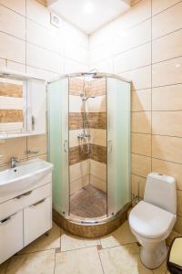 W łazience znajduje się prysznic, toaleta i umywalka. w obiekcie Аpartments on the square of Danylo Halytskyi w Lwowie