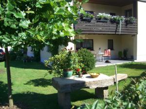 a stone table with potted plants on it in a yard at Gästehaus Jeremias in Königstein an der Elbe