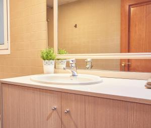 a bathroom counter with a sink and a mirror at Alcam Plaza Cataluña in Barcelona