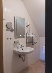 a bathroom with a sink and a mirror at Gasthof zum Slawen in Vetschau