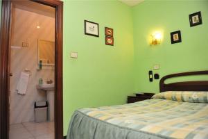1 dormitorio con paredes verdes, 1 cama y ducha en Pensión Ariz, en Basauri 4 fotos más