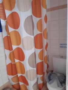 a bathroom with a shower curtain with a toilet at Vigles in Adamantas