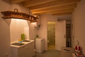 a kitchen with a sink and a refrigerator at Apartments Casa Vecchia in Rovinj