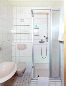 a bathroom with a shower and a toilet and a sink at Hotel Garni Assion in Birgel