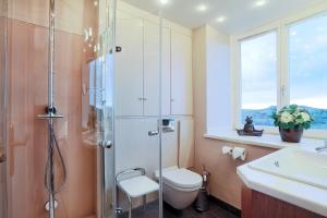 a bathroom with a shower and a toilet and a sink at Ferienwohnung Kliffsand in Kampen