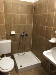 Un baño con ducha, inodoro y lavabo. en Motel Topolog, en Râmnicu Vâlcea