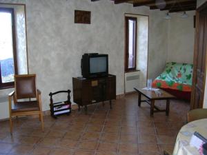 ein Wohnzimmer mit einem TV und einem Sofa in der Unterkunft le monne (dit la fermette ) in Chambon-sur-Lac