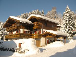 un edificio cubierto de nieve con árboles nevados en Ferienwohnung Johann Niedermoser, en Fieberbrunn