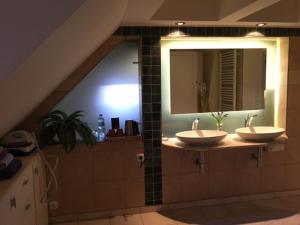 a bathroom with two sinks and a large mirror at Forsthaus zu Lichtenhof in Nürnberg +34 photos