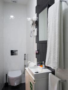 a bathroom with a sink and a toilet and a mirror at Porto Bonjardim Apartments in Porto