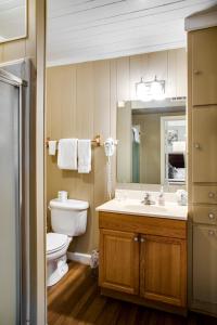 a bathroom with a sink and a toilet and a mirror at Cliff Dwellers Inn in Blowing Rock