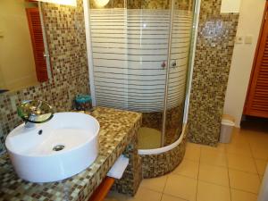 a bathroom with a sink and a shower at Buda Panzió in Győr