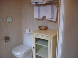 a small bathroom with a toilet and towels at Hostal Ayestaran II in Lekunberri