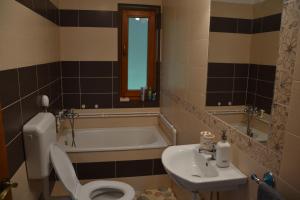 a bathroom with a tub and a toilet and a sink at Ivoi Magasbukki vendeghaz in Izvoare +80 photos